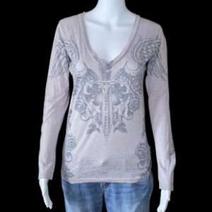 ​Y2K Sinful Burnout Dagger & Wings Long Sleeve Rhinestone Embellished Shirt